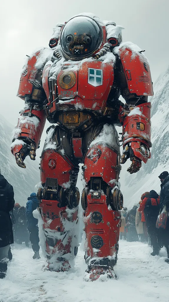 A colossal red mech, covered in snow, stands amidst a crowd of onlookers in a snowy mountainous landscape.  Its design is intricate, featuring a large bubble-like helmet and various mechanical details.  A crest is visible on its chest. The scene evokes a sense of awe and perhaps a futuristic, post-apocalyptic setting. The mech's presence dominates the frame, dwarfing the human figures.