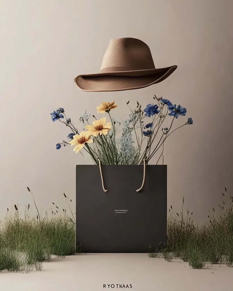 A stylish brown fedora hat floats above a dark gray shopping bag filled with wildflowers.  Yellow and blue blossoms are arranged artfully within the bag, which sits on a pale surface surrounded by low-lying grasses.  The minimalist aesthetic creates a serene and sophisticated image, with the brand "RYO TKAAS" subtly displayed below.