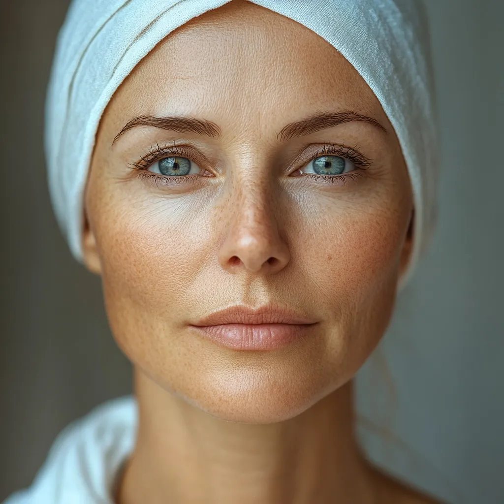 Close-up portrait of a woman with a white towel wrapped around her head.  Her face is naturally lit, showcasing freckles and subtle lines.  She possesses striking blue eyes and a calm, serene expression. The image focuses on her complexion and features, emphasizing natural beauty and understated elegance.