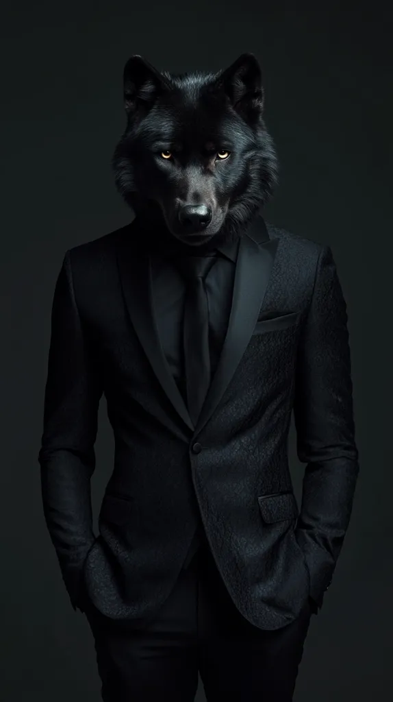 A striking image depicts a black wolf's head seamlessly blended onto a man's body in a sharp black suit and tie.  The dark, moody setting enhances the mysterious and sophisticated aura of the subject. The wolf's intense gaze adds a layer of wildness to the otherwise formal attire, creating a captivating juxtaposition. The overall effect is one of powerful elegance and concealed ferocity.