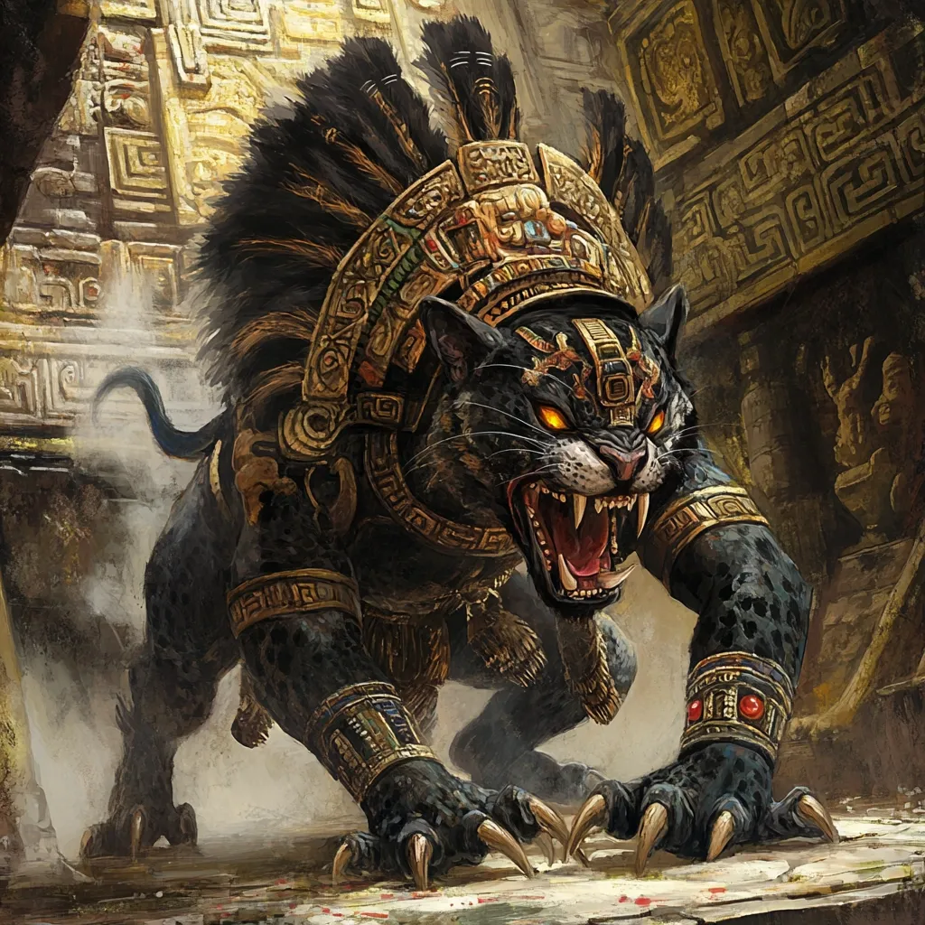 A majestic black jaguar, adorned in ornate gold Mayan-style headdress and jewelry, crouches before ancient ruins.  Its glowing eyes and bared fangs convey power and ferocity.  The intricate details of the jaguar's attire and the background architecture suggest a mythical creature, guardian of a lost civilization. The image evokes a sense of mystery and ancient power.