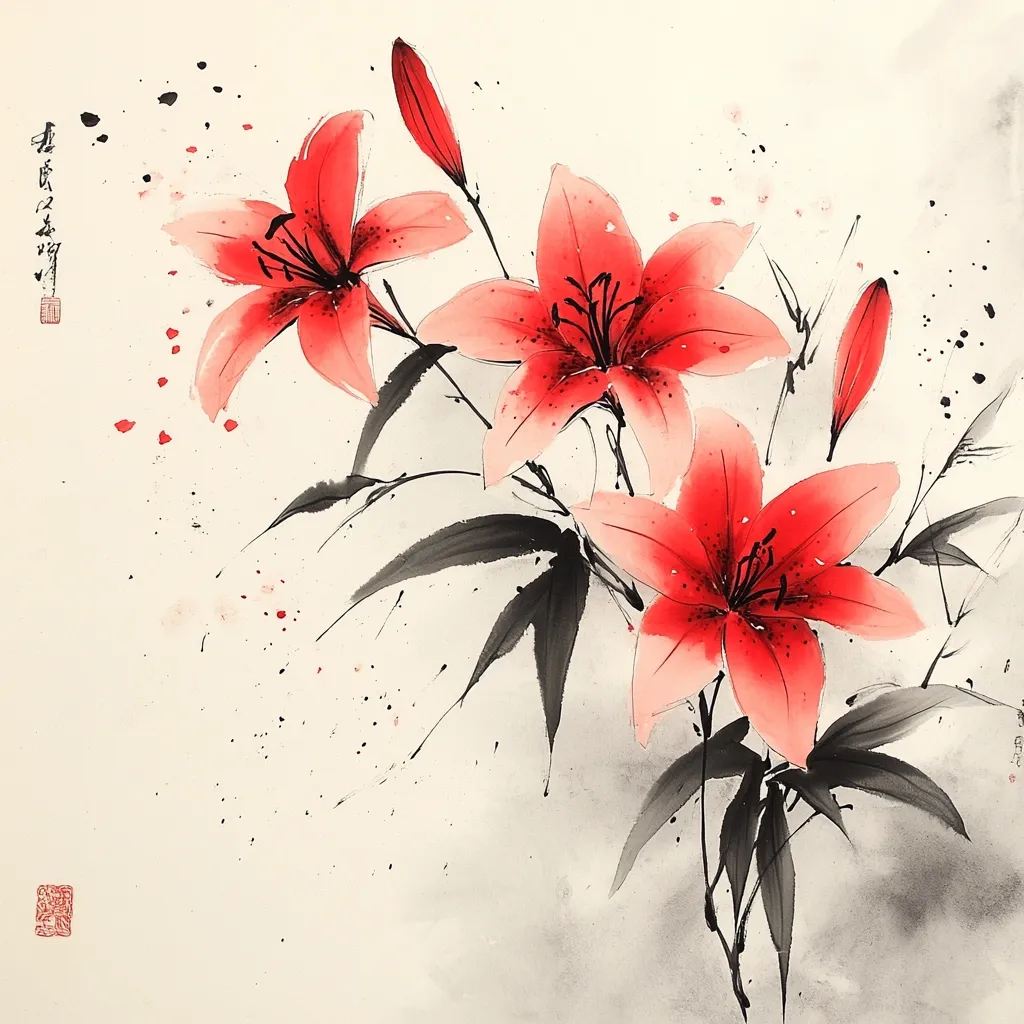 A delicate watercolor painting showcases a cluster of vibrant red lilies.  The lilies are depicted with loose, expressive brushstrokes, characteristic of East Asian ink painting.  Dark ink outlines the leaves, contrasting with the lighter washes of color on the flowers.  A sense of movement and spontaneity is evident in the splatters of ink and the flowing lines of the stems and leaves.  The overall effect is both elegant and lively.