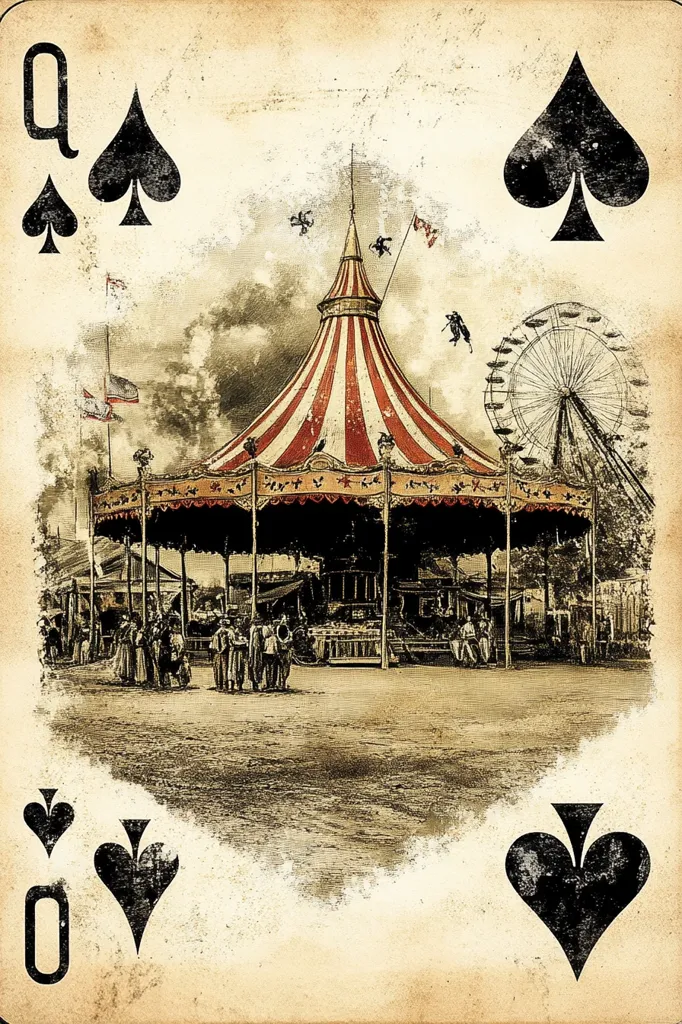 This sepia-toned image depicts the Queen of Spades playing card.  The central feature is a vintage carousel, its striped tent prominent against a backdrop of a bustling fairground.  People are visible around the carousel and a Ferris wheel is partially visible in the background.  The overall style evokes a nostalgic, almost antique aesthetic with grunge elements.  The Queen's suit is represented with stylized spades around the central image.