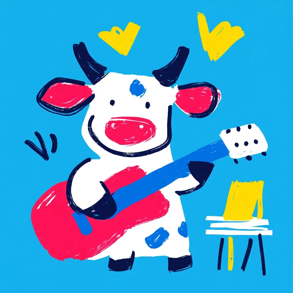 A playful illustration depicts a cartoon cow, predominantly white with pink and blue spots, joyfully playing a vibrant pink and blue guitar.  The cow is rendered in a bold, childlike style with thick black outlines and expressive features. Yellow crowns float above, adding to the whimsical nature of the scene.  The background is a solid, bright blue. A simple yellow chair is partially visible in the background.