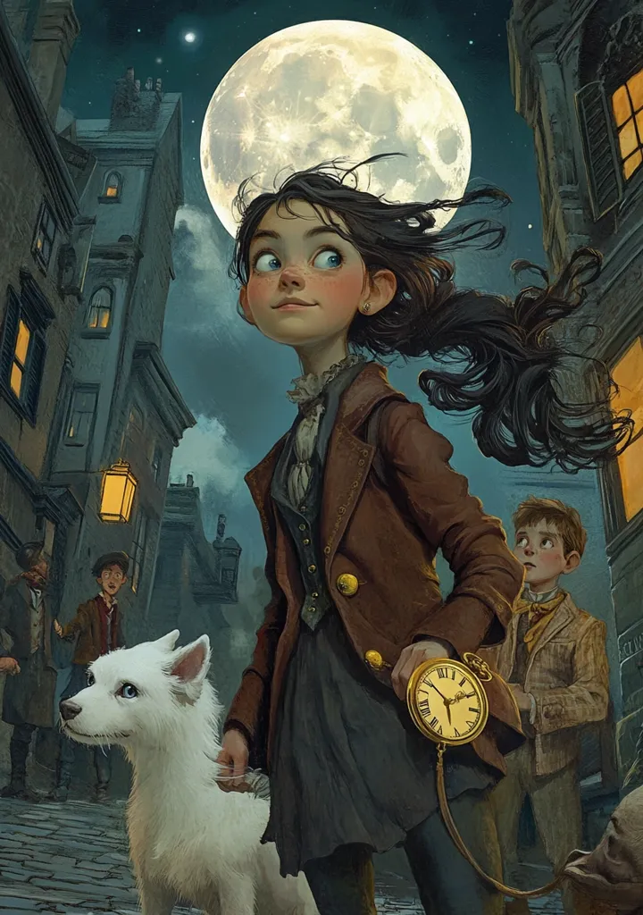 A young girl with long dark hair, wearing a brown coat and holding a pocket watch, walks down a moonlit cobblestone street with her white dog.  Behind her, a boy in a pinstripe suit observes, while other figures are visible in the background.  The scene is evocative of a Victorian-era setting, enhanced by the large, full moon overhead and the dimly lit buildings. The overall style is fantastical and slightly whimsical.