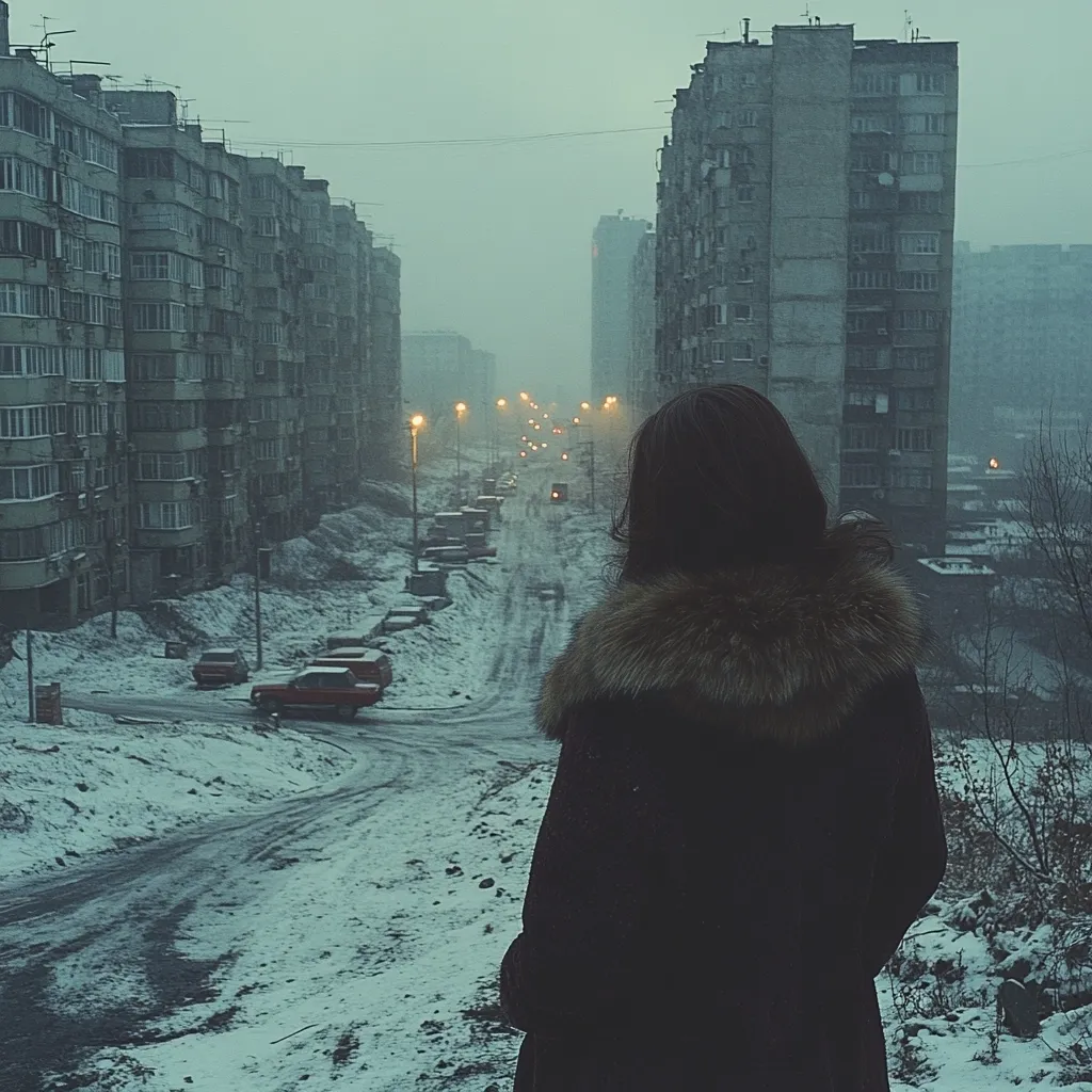 A woman, cloaked in a fur-collared coat, stands with her back to the viewer, overlooking a snow-covered street lined with Soviet-era apartment buildings. The scene is shrouded in a dusky twilight, the faint glow of streetlights illuminating the sparsely trafficked road.  A melancholic atmosphere pervades the image, emphasizing the solitude of the figure and the bleakness of the urban landscape.
