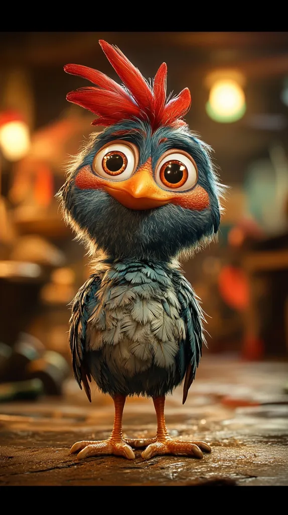 A charming, cartoonish bird stands on a wooden surface.  Its plumage is predominantly blue-grey, accented by vibrant orange-red feathers on its head. Large, expressive eyes and a small, orange beak complete its endearing features. The background is blurred, suggesting a rustic workshop setting. The bird's posture is upright and curious, inviting a sense of warmth and playfulness.