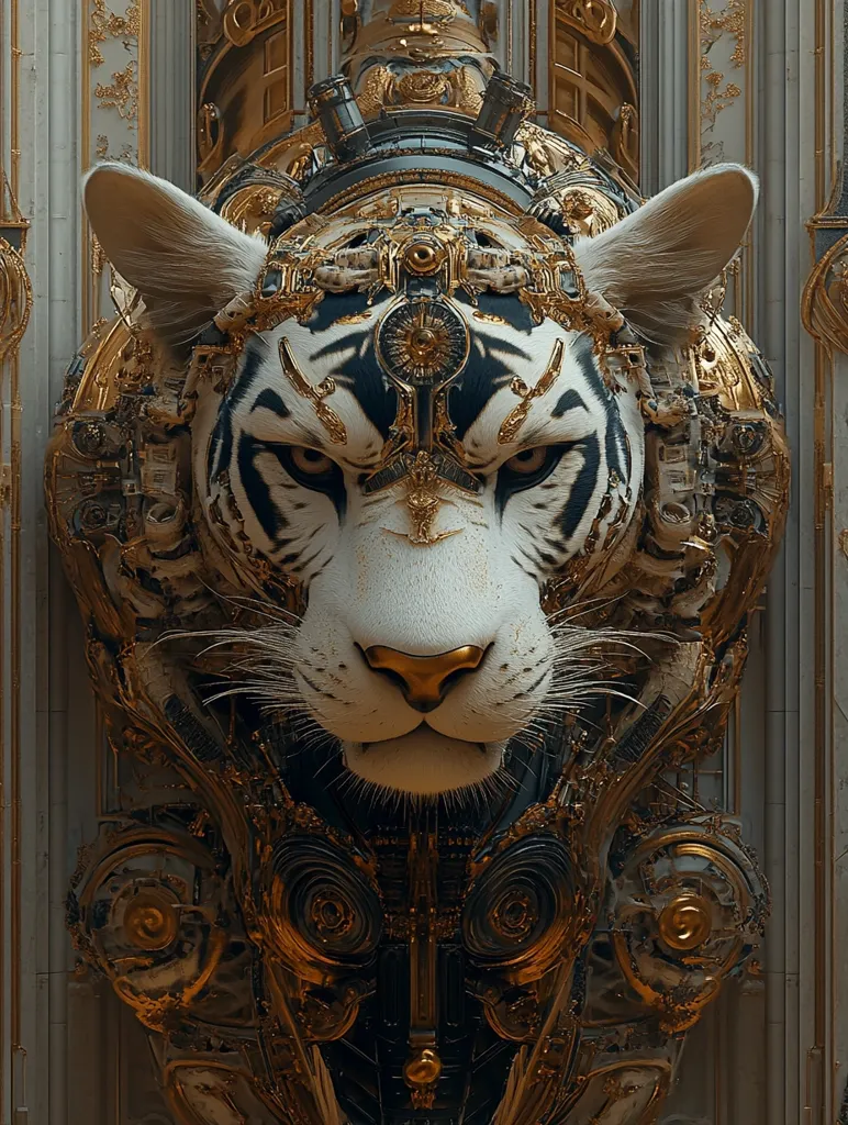 A digital artwork depicts a majestic tiger's head, intricately adorned with gilded, steampunk-inspired mechanisms. The tiger's face is rendered realistically, contrasting with the ornate, golden, and dark metal framework encasing it.  The overall style is a blend of organic and mechanical, creating a striking visual of power and intricate detail. The backdrop suggests an architectural setting, enhancing the grandeur of the piece.
