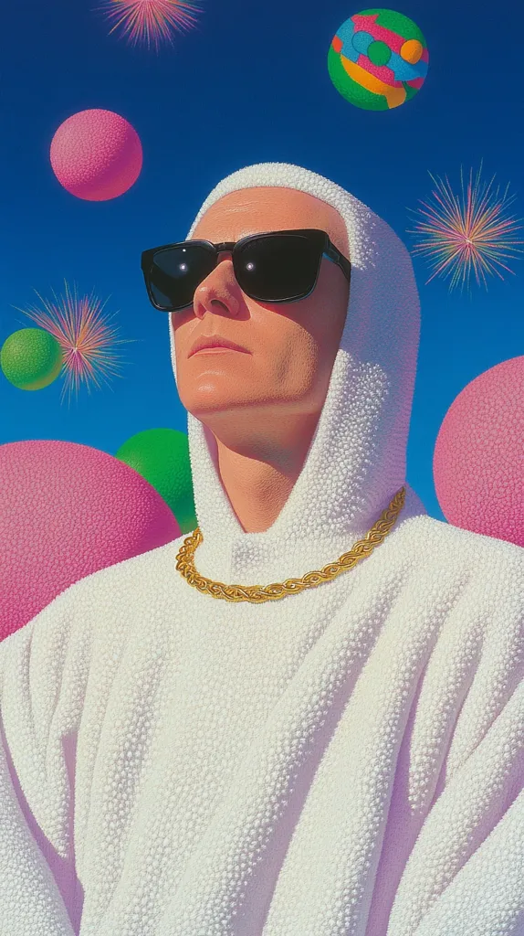 A person wearing a white hoodie and sunglasses is the central focus of the image. They are adorned with a gold chain necklace.  The background features vibrant, colorful spheres and firework-like bursts against a bright blue sky, creating a surreal and playful atmosphere. The style is reminiscent of pop art or digital illustration.