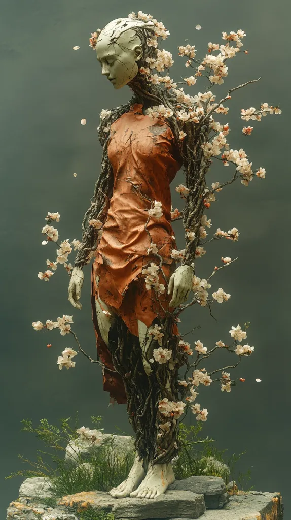 A digital artwork depicts a statue-like figure, seemingly female, with a pale, weathered face and body enveloped by intertwined branches and blossoming pale pink flowers.  The figure wears a tattered, burnt orange garment, its form suggesting fragility and decay. The overall aesthetic blends organic and artificial elements, creating a haunting and ethereal mood.  The figure stands on a rocky base amidst small, verdant plants.