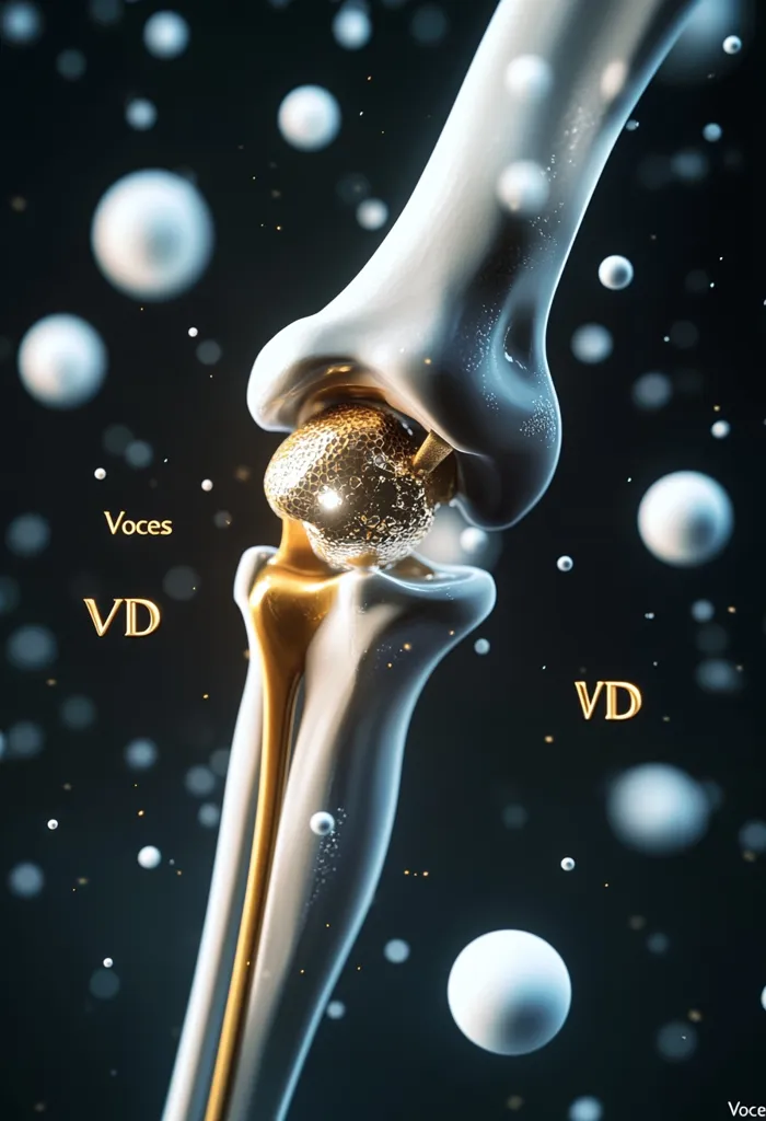 A stylized image depicts a joint, possibly a knee, with a golden, textured ball-and-socket structure at its center.  The surrounding bone structure is rendered in a smooth, off-white material.  The background is dark, speckled with floating, translucent spheres.  The words "Voces" and "VD" are subtly inscribed in gold, suggesting a possible brand or scientific label. The overall aesthetic is sleek, modern, and potentially medical or technological in nature.