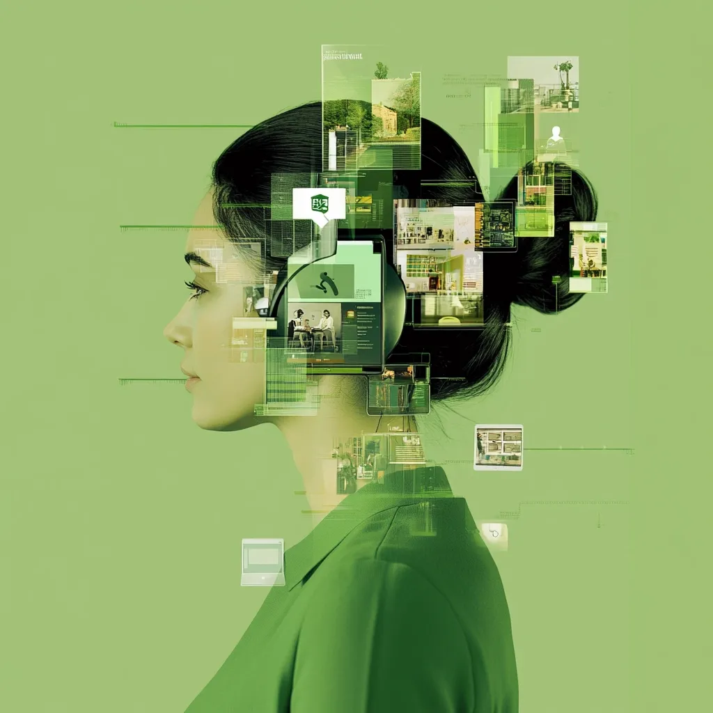 A woman's profile is overlaid with numerous digital images and data streams, suggesting a connection to a vast network of information.  She wears headphones, and the visuals encompass diverse scenes, from architectural designs to social interactions, symbolizing the integration of technology into everyday life. The green color palette conveys a sense of harmony between the human and digital realms.