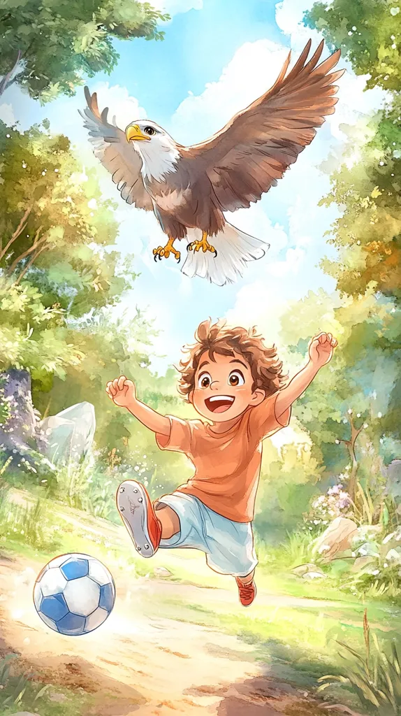 A joyful boy with brown hair kicks a soccer ball in a sun-drenched forest clearing.  Above him, a majestic bald eagle soars through the bright sky, its wings spread wide.  The scene is rendered in a vibrant, watercolor style, capturing a sense of carefree playfulness and freedom in nature.  The boy's smile and the eagle's flight evoke a feeling of wonder and exhilaration.