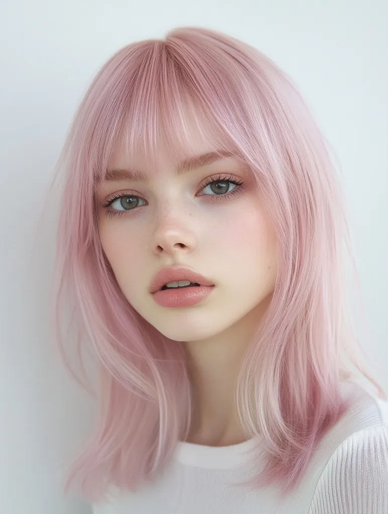 Close-up portrait of a young woman with pale pink, shoulder-length hair styled with blunt bangs. Her makeup is soft and natural, enhancing her delicate features.  She's wearing a simple white top, and the overall aesthetic is clean and minimalist. The background is a plain, light gray.