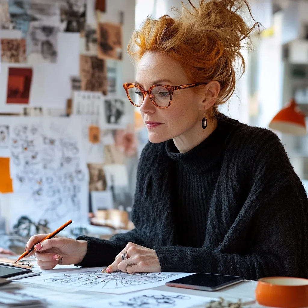 A redhead woman wearing tortoiseshell glasses sits at a table, meticulously sketching with a pencil on a piece of paper.  Her dark sweater and messy bun complement her focused expression.  The background features a wall covered in inspiring images and sketches, suggesting a creative workspace.  A tablet and other art supplies are visible on the table.