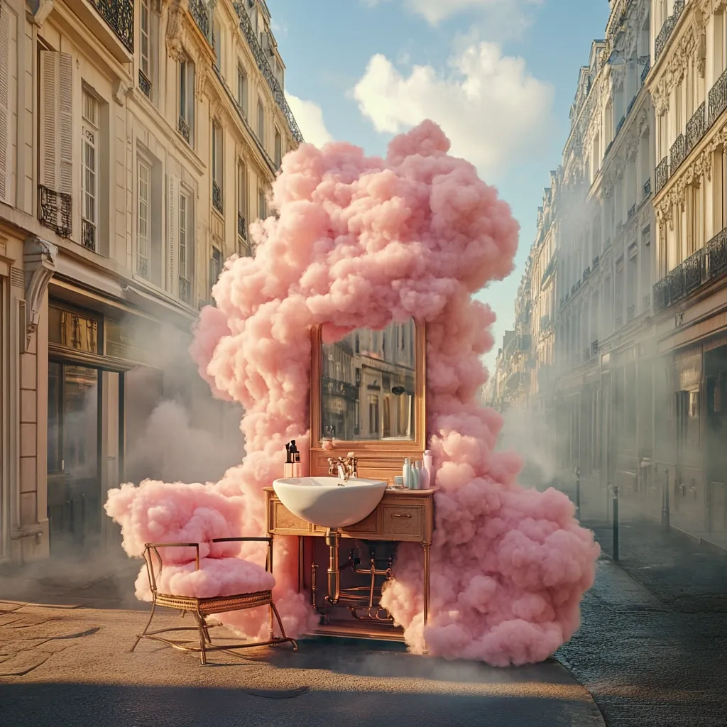 A Parisian street scene is depicted, with a vintage vanity set enveloped in a fluffy, pink cloud.  The vanity, complete with a sink, mirror, and toiletries, sits on the cobblestones.  A matching pink chair is positioned nearby.  The buildings lining the street are classic Parisian architecture, creating a dreamy, surreal atmosphere.  A light haze of fog adds to the whimsical setting.