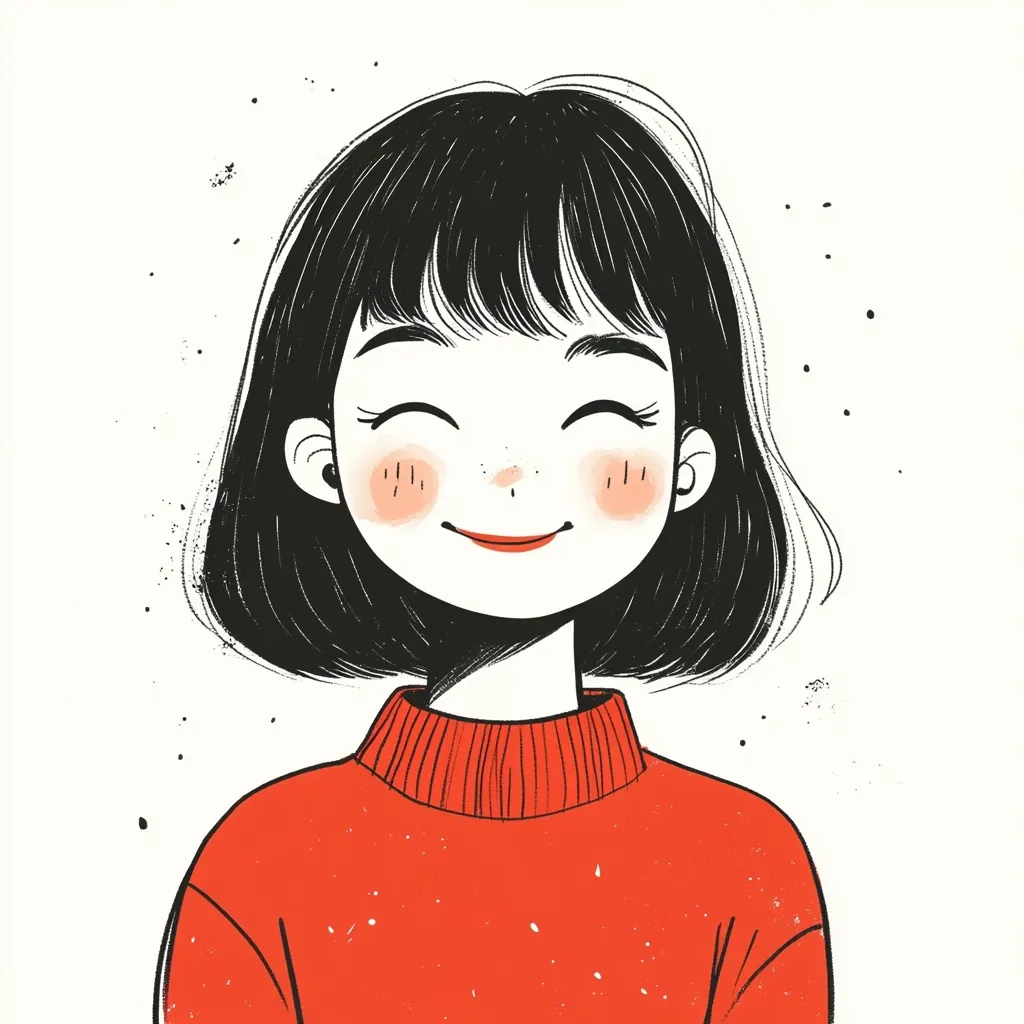 An illustration of a joyful young woman with short black hair and rosy cheeks.  She is smiling broadly, her eyes closed in happiness. She wears a warm, red turtleneck sweater, adding to her cheerful and comforting appearance. The style is simple, yet expressive, with a focus on the character's positive emotion.  The background is minimalist, allowing the focus to remain on the subject.