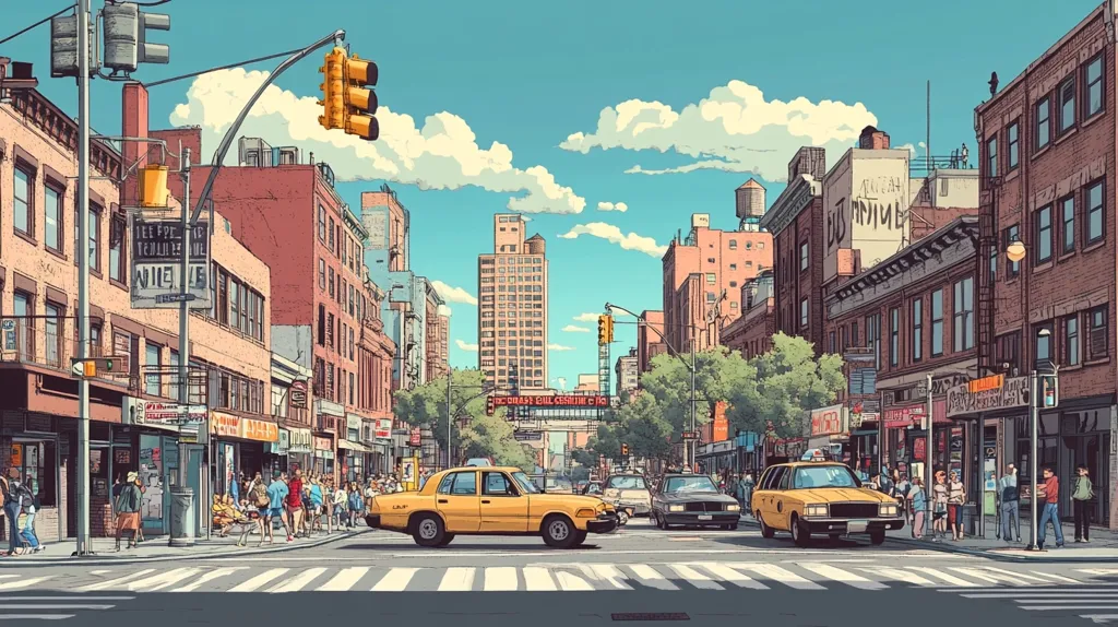 A vibrant illustration depicts a bustling city street on a sunny day.  Brick buildings line both sides, showcasing a mix of architectural styles and storefronts. Pedestrians stroll along the sidewalks, while yellow cabs and other vehicles navigate the crosswalk.  The sky is bright blue with fluffy white clouds, creating a cheerful and energetic atmosphere.  The overall style is reminiscent of a graphic novel or comic book.