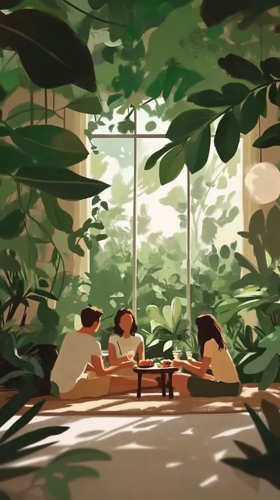 Three friends enjoy a casual meal together in a sunlit room surrounded by lush, green plants.  Sunlight streams through a large window, illuminating the scene. The ambiance is peaceful and relaxed, suggesting a moment of shared friendship and tranquility amidst nature's beauty.  The artwork is stylized with soft brushstrokes and muted greens.