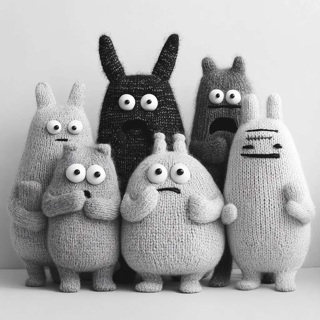 A group of six knitted monsters stands in a row.  Five are light gray, varying slightly in shape and expression, with large, prominent eyes. One is dark gray, taller and more slender. All appear somewhat anxious or worried, their knitted features conveying a sense of apprehension.  The monochrome palette enhances the quirky charm of these handmade toys.