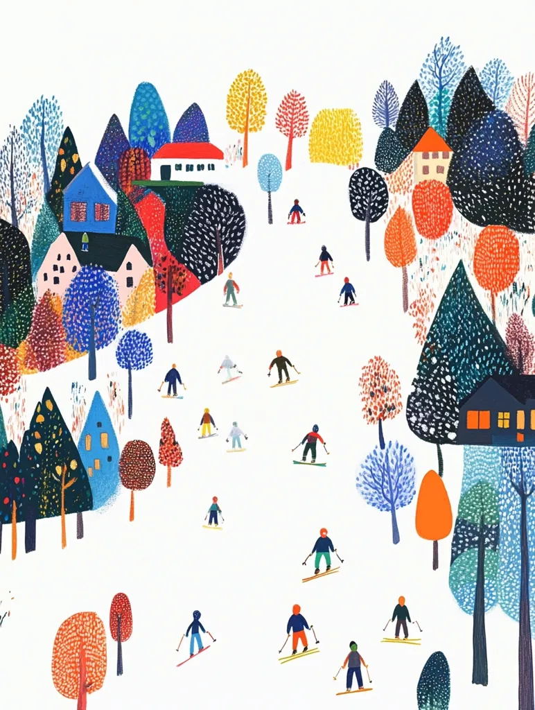 A whimsical illustration depicts a snowy landscape with stylized trees in vibrant autumnal colors.  Small figures ski down a gentle slope amidst charming houses nestled amongst the foliage. The style is playful and childlike, using bold shapes and textures to create a cheerful winter scene.  The overall mood is one of joyful activity and winter fun.