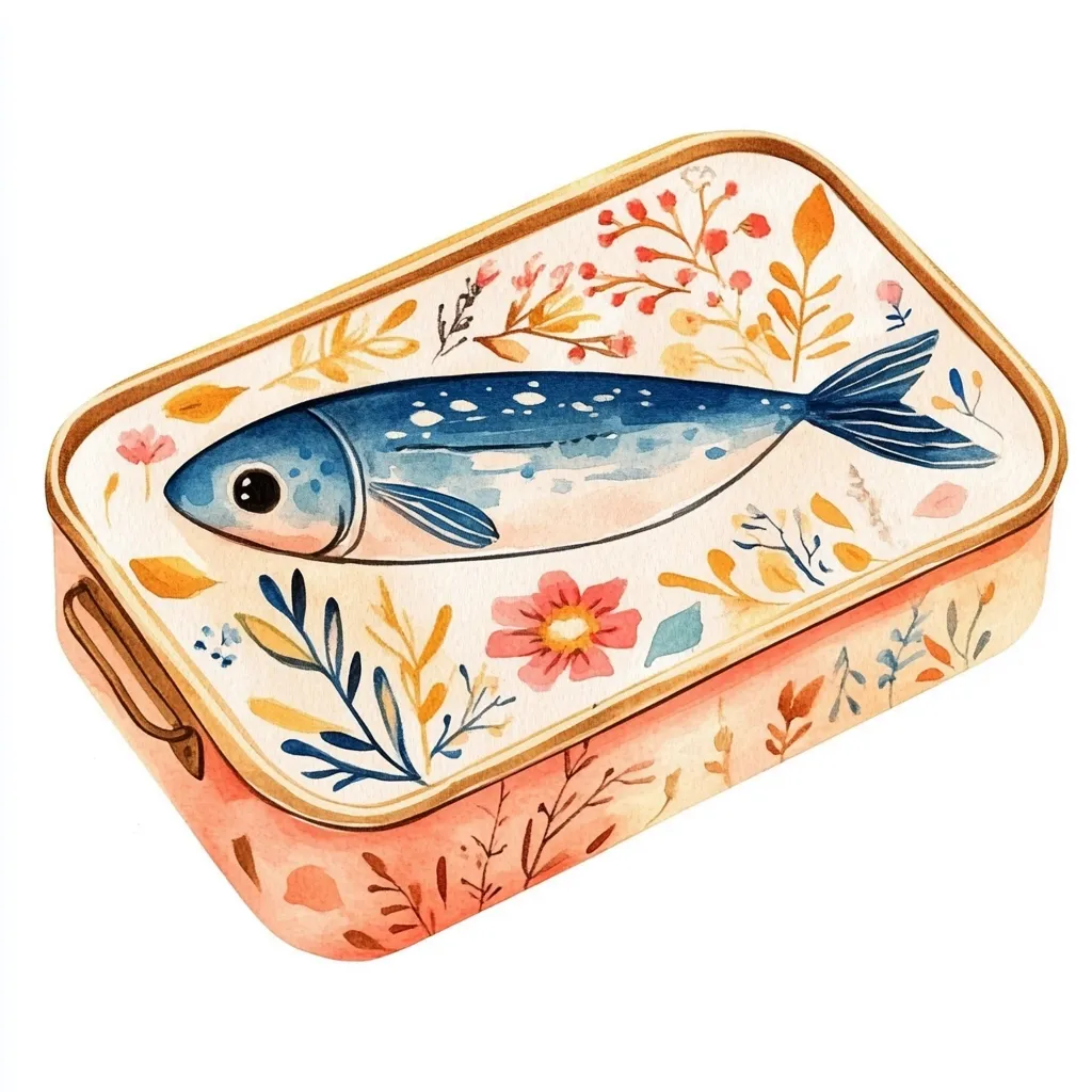 A watercolor illustration depicts a sardine tin adorned with a whimsical floral design.  The tin is a soft peach color with gold trim, and the lid features a single, large sardine amidst stylized flowers and leaves in warm, earthy tones.  The sardine is realistically rendered, contrasting with the more decorative floral elements. The overall style is charming and slightly naive.