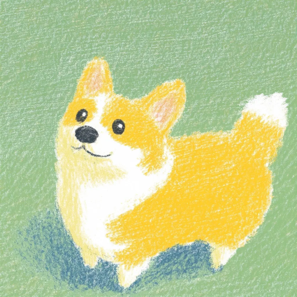 A charming illustration of a corgi puppy is presented.  Rendered in a pastel crayon style, the corgi is depicted in shades of yellow and white, against a muted green background. The puppy's expression is sweet and innocent, its large eyes and slightly upturned mouth conveying a happy disposition. The overall style is soft, whimsical, and evokes a feeling of warmth and affection.