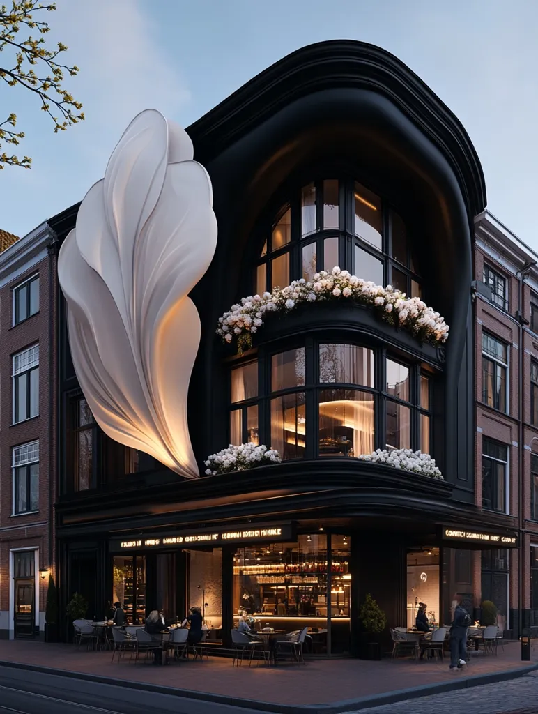 A modern, black building with a flowing white sculptural element on its facade houses a stylish restaurant.  Large windows showcase a warmly lit interior with patrons seated at outdoor tables.  The building's curved design and elegant details create a sophisticated and inviting atmosphere.  White flowers adorn the windowsills, adding a touch of nature to the urban setting.