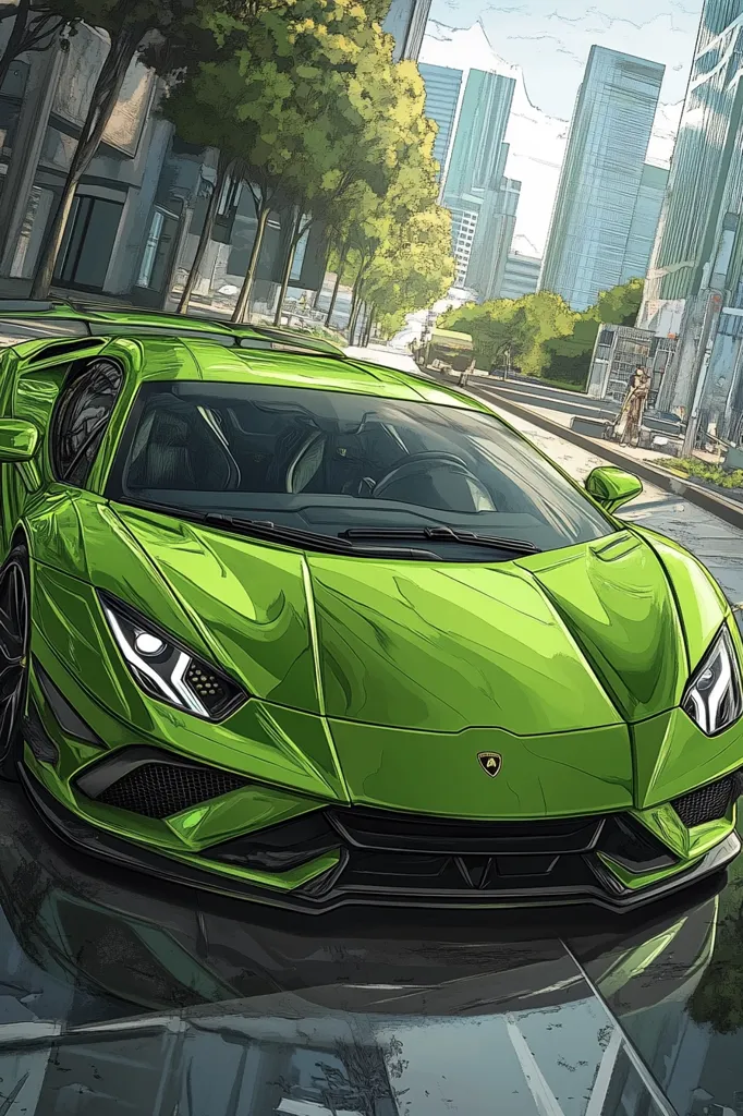 A vibrant green Lamborghini Huracán STO dominates the foreground, its glossy paint reflecting the city skyline.  The car is parked on a city street, lined with trees and modern high-rise buildings.  The artistic style is a blend of realism and comic book aesthetics, creating a striking image of speed and urban sophistication.  A pedestrian is visible in the background, adding a sense of scale and context to the scene.