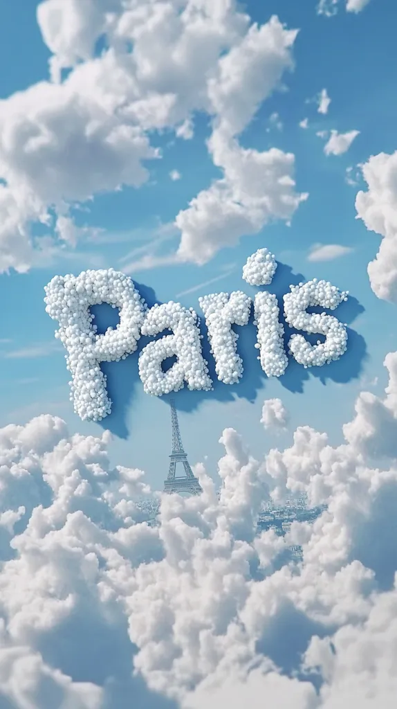 The word "Paris" is spelled out in fluffy white clouds against a bright blue sky.  A partially visible Eiffel Tower peeks from beneath a layer of clouds in the background, creating a dreamy, ethereal image evocative of the Parisian landscape.  The overall effect is whimsical and romantic.