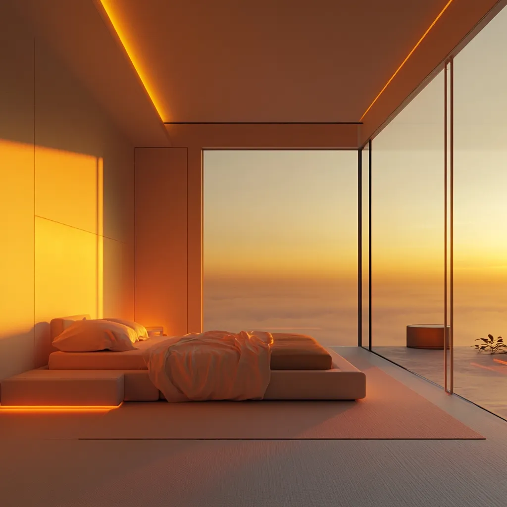 A minimalist bedroom bathed in warm sunset light.  A low platform bed with crisp white linens sits before expansive floor-to-ceiling windows offering a breathtaking ocean view.  Indirect lighting from embedded ceiling strips enhances the serene ambiance.  The overall design is clean and modern, creating a peaceful and luxurious atmosphere.