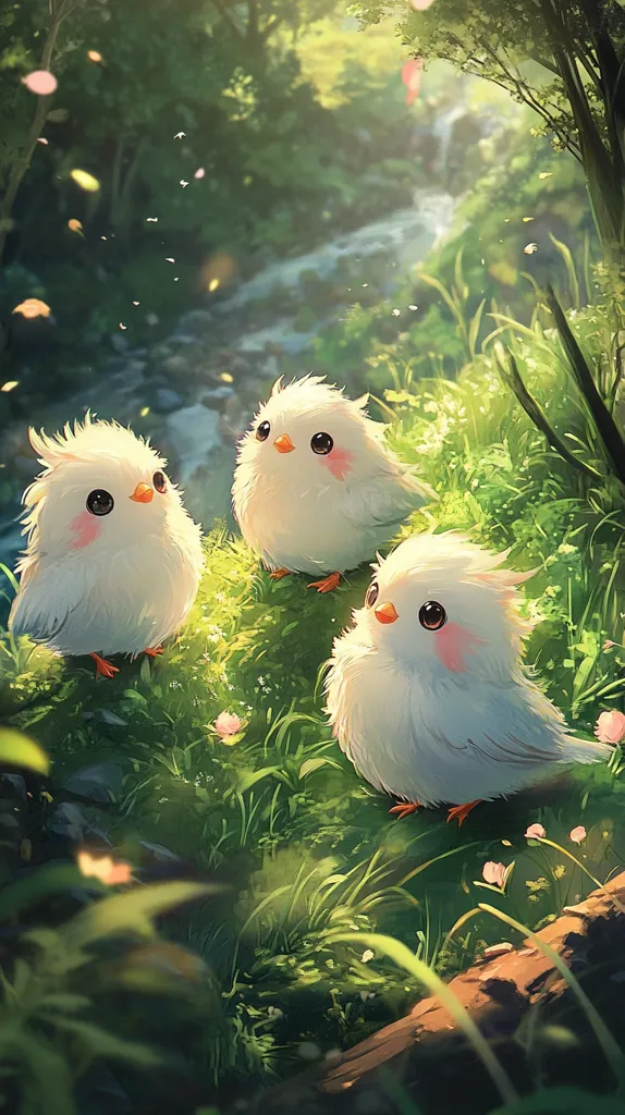 Three adorable, fluffy white birds with rosy cheeks perch on lush green vegetation beside a sunlit stream.  Pink petals drift through the air in a magical forest setting.  The scene is peaceful and idyllic, showcasing the charm of the birds and their natural habitat. The soft light and vibrant colors create a serene and enchanting ambiance.