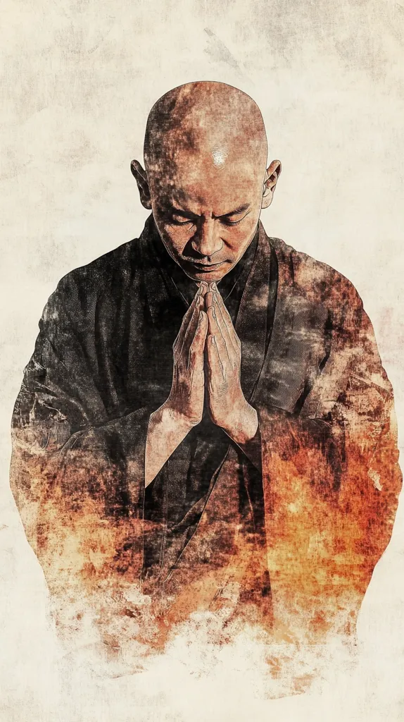 A stylized portrait depicts a bald, serene man, possibly a monk, in dark robes. His hands are pressed together in prayer, head bowed in contemplation. The image is rendered with a textured, grunge effect, incorporating warm, earthy tones that blend with the figure, creating a spiritual and meditative atmosphere.  The style suggests a blend of painting and digital art.