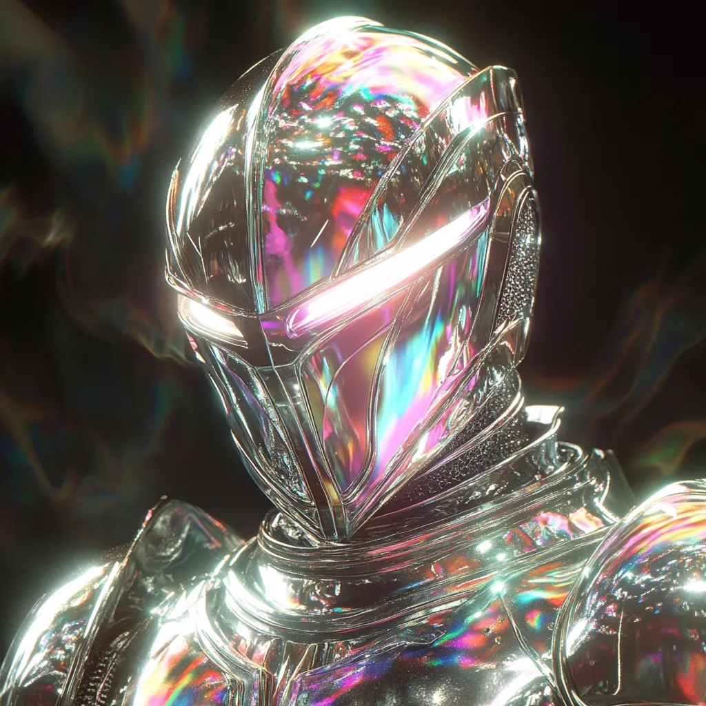 A close-up shot reveals a futuristic knight's helmet and armor, rendered in gleaming chrome with iridescent highlights. The helmet's design is sleek and modern, yet reminiscent of medieval knight's armor.  The metallic surface reflects a spectrum of vibrant colors, creating a captivating visual effect against a dark background. The overall aesthetic blends fantasy and science fiction.