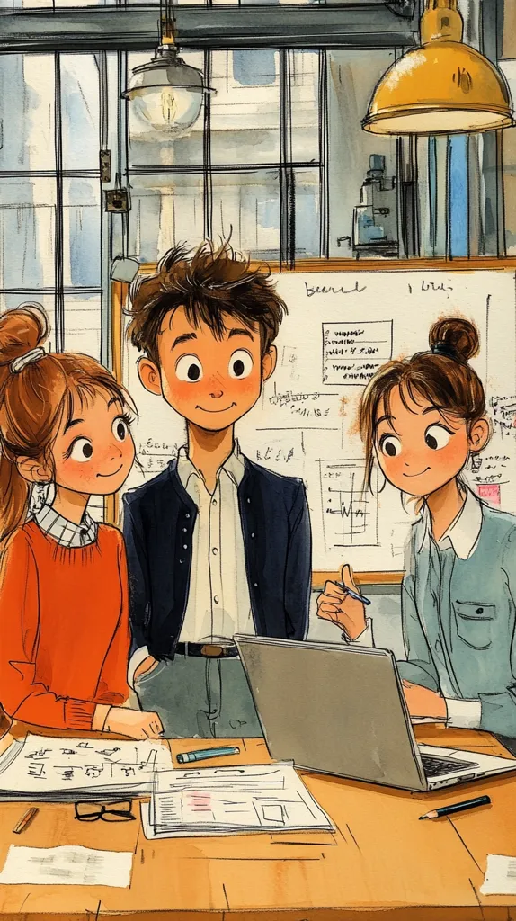 A charming illustration depicts three young individuals collaborating on a project.  A young man sits centrally, flanked by two young women. They're surrounded by papers, a laptop, and a whiteboard filled with notes.  The setting appears to be a bright, airy workspace, possibly a co-working space or design studio. The style is whimsical and expressive, using soft colors and exaggerated features.  Their focused expressions convey a sense of teamwork and creative energy.