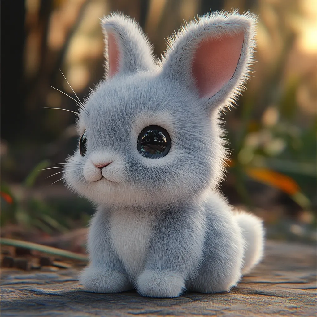 A digitally rendered image showcases an adorable baby bunny.  Its fur is a soft, light grey, with large, expressive eyes and pink inner ears.  The bunny is sitting on a textured wooden surface, possibly a log, in a softly lit, natural setting.  The overall style is cute and cartoonish, emphasizing the bunny's endearing features.
