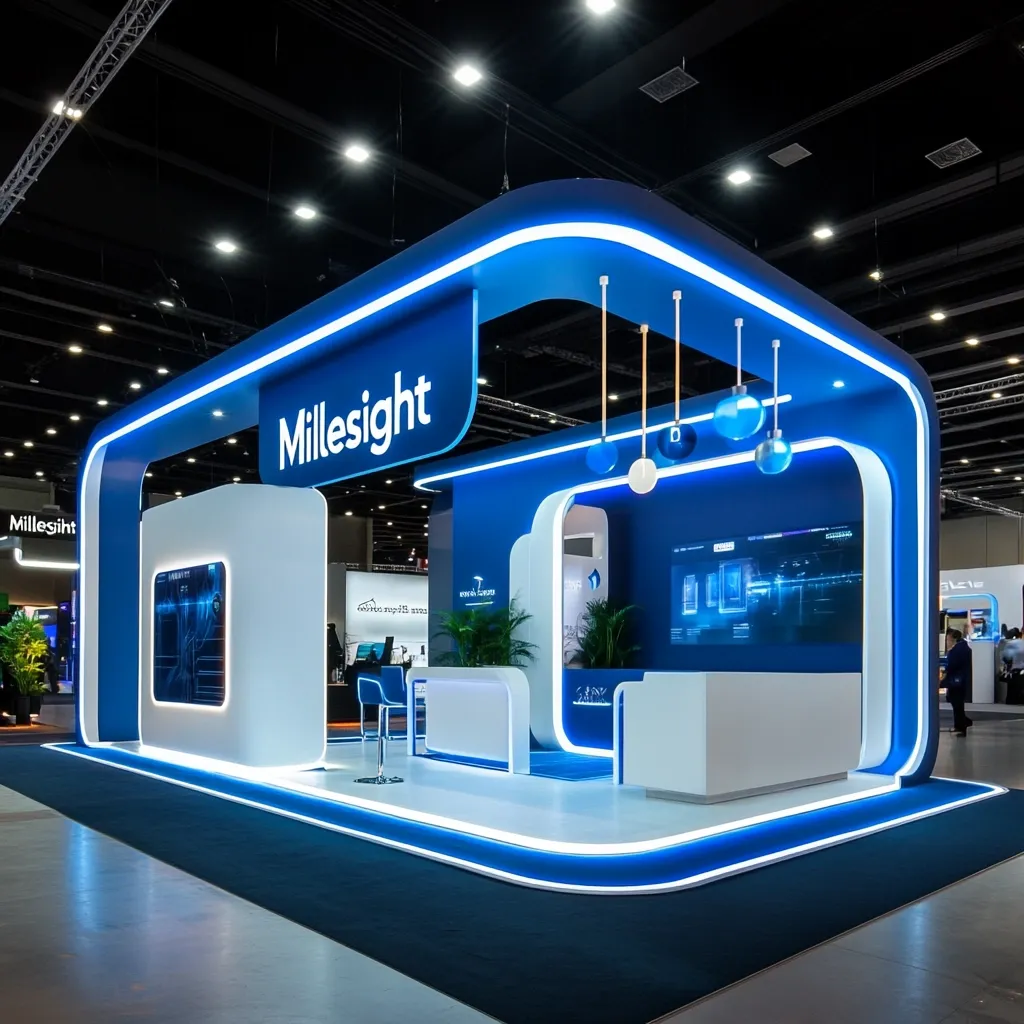 A modern, sleek trade show booth for "Millesight" is showcased.  The booth features a predominantly blue and white color scheme with bright blue LED lighting outlining its curved structure.  Displays showcasing technology are integrated into the design, and a reception counter is centrally located. The overall impression is one of high-tech sophistication and clean lines.
