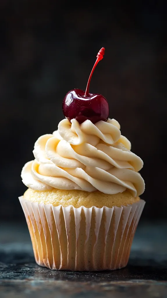A single cupcake, adorned with a swirl of creamy vanilla frosting and topped with a glistening, bright red cherry. The cupcake sits in a simple paper liner, its pale yellow cake subtly visible beneath the generous frosting. The dark background provides a striking contrast, enhancing the cupcake's vibrant colors and delicate details.  The overall impression is one of elegance and deliciousness.