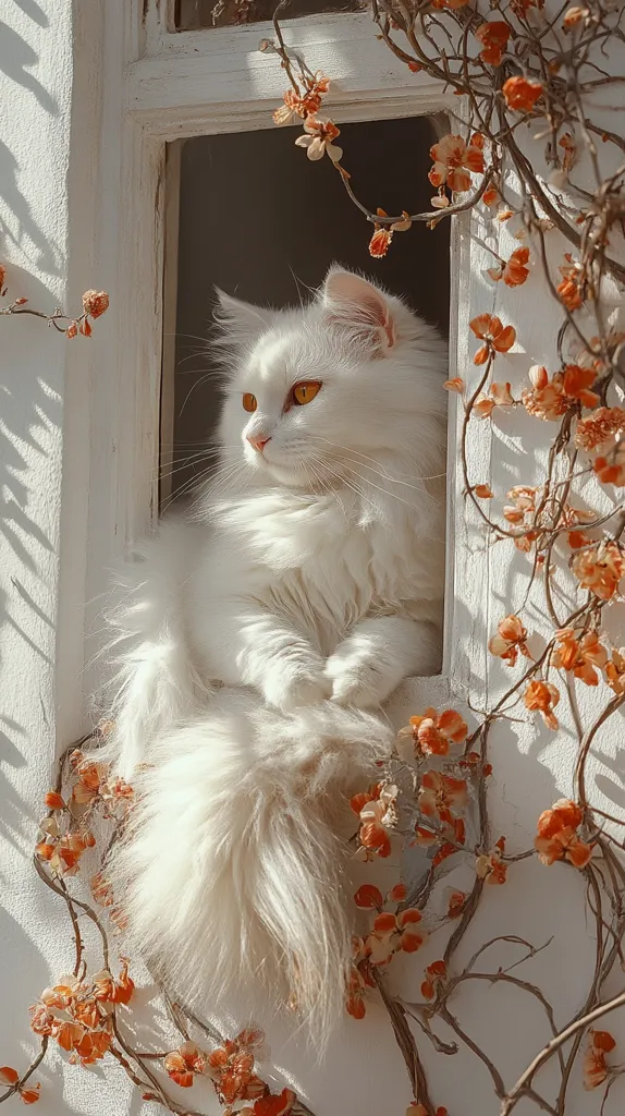 A fluffy white cat with striking orange eyes sits serenely in a window frame, framed by delicate, orange-toned blossoms.  Sunlight illuminates the cat's luxurious fur and the vibrant flowers, creating a warm and peaceful scene. The white window and wall provide a stark contrast to the cat and the climbing plant, enhancing the image's beauty.