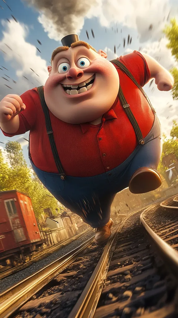 A cheerful, overweight cartoon man in a red shirt and blue pants runs joyfully along railroad tracks.  He wears suspenders and a small top hat.  His large smile and bright eyes convey pure happiness. The background shows a blurry train and a rustic townscape, emphasizing the character's speed and energy.  The overall style is vibrant and whimsical.