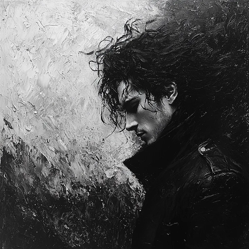 A monochromatic portrait painting showcases a man with long, tousled hair, his face partially obscured by shadow. He is dressed in a dark, textured jacket, adding to the overall moody atmosphere. The impasto technique creates a dramatic, almost stormy backdrop, contrasting with the figure's contemplative pose.  The artwork evokes feelings of melancholy and introspection.