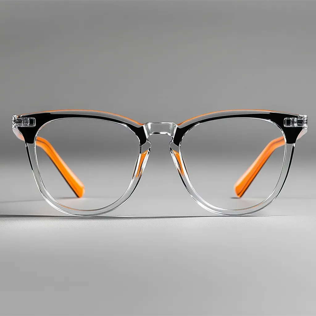 A pair of stylish eyeglasses with clear frames and bright orange temples is presented against a neutral gray backdrop.  The glasses feature a classic rounded square shape, showcasing a modern and minimalist design.  The transparent frames offer a subtle yet chic look, while the orange accents add a playful pop of color.  The image highlights the glasses' clear, clean lines and contemporary aesthetic.