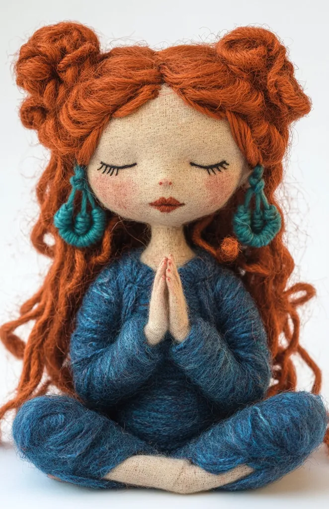 A handcrafted doll with long, curly auburn hair styled in topknots sits in a meditative pose.  She wears a teal sweater and pants, her hands clasped in prayer.  The doll's face is serene, eyes closed, and features delicate embroidery.  Teal earrings dangle from her ears, complementing her outfit.  The overall texture is soft and yarn-like.
