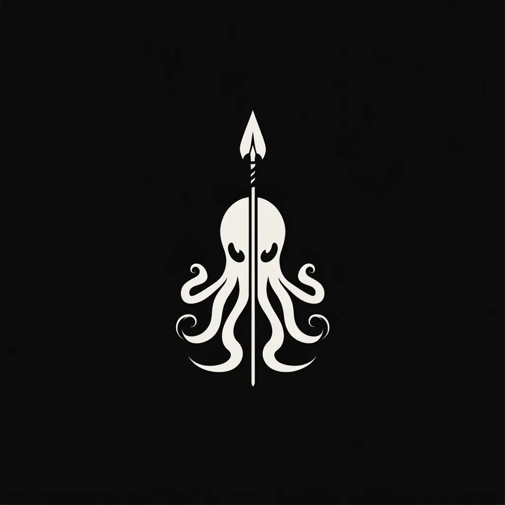 A stylized white octopus is depicted against a black background, pierced by a spear or trident from above.  The design is minimalist and symmetrical, with the octopus's tentacles flowing elegantly around the central weapon. The image evokes a sense of power, danger, and perhaps mythical creatures of the sea.