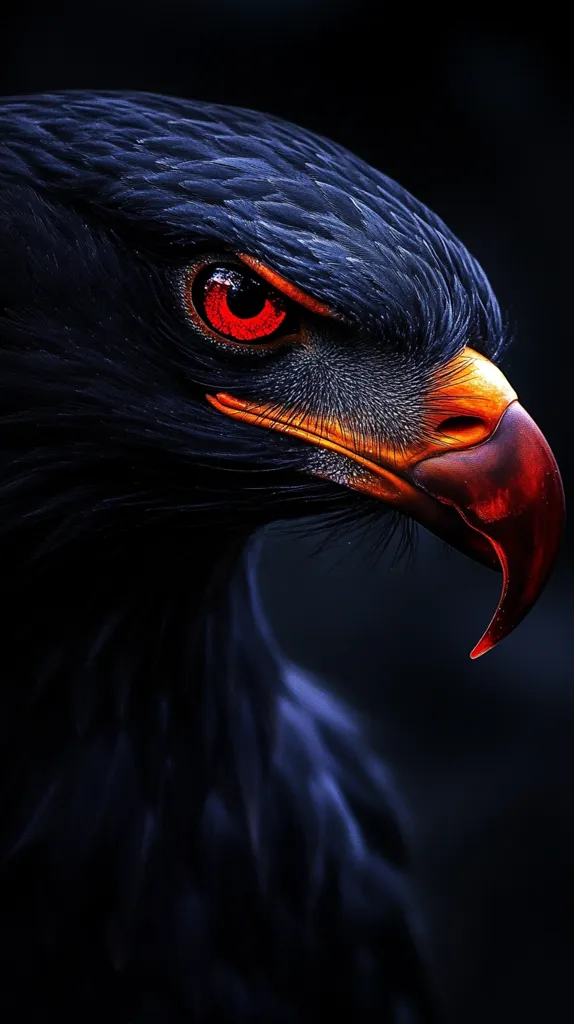 A close-up of a majestic black eagle's head and beak, sharply in focus against a dark background. Its intense red eye glows,  highlighted by the contrasting dark plumage. The feathers are meticulously detailed, conveying a sense of power and predatory alertness. The eagle's beak is a striking orange and red, adding to its overall fierce appearance. The image is dramatic and evocative, emphasizing the bird's strength and beauty.