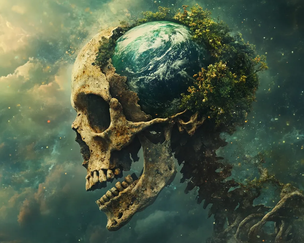 A surreal digital artwork depicts a skull, its cranium replaced by a vibrant, verdant Earth nestled within a lush forest.  The skeletal remains partially submerge in a cosmic, nebula-like background, suggesting a blend of death, rebirth, and the planet's fragility.  The image evokes themes of environmentalism and the cyclical nature of life and death.