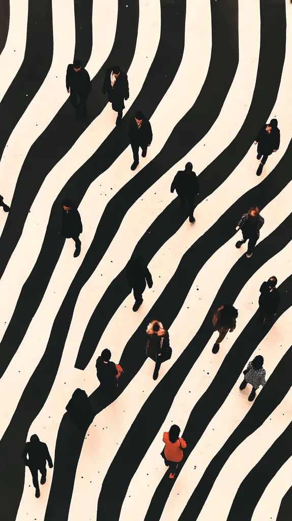 An aerial view shows numerous people walking across a striking black and white wavy patterned floor.  The individuals are dressed in dark clothing, creating a stark contrast against the bold stripes. The image evokes a sense of movement and anonymity, with the individuals appearing small and somewhat lost within the large-scale design. The overall aesthetic is modern and geometric.