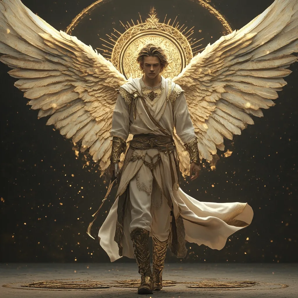 A digital artwork depicts a celestial being, an angel, with large, ornate golden wings.  The angel, a young man with blond hair, wears a flowing white robe adorned with gold detailing and matching golden boots. He stands majestically, a golden halo behind him, against a dark background sprinkled with golden particles, creating a dramatic and ethereal scene.  The overall aesthetic is one of divine power and grace.