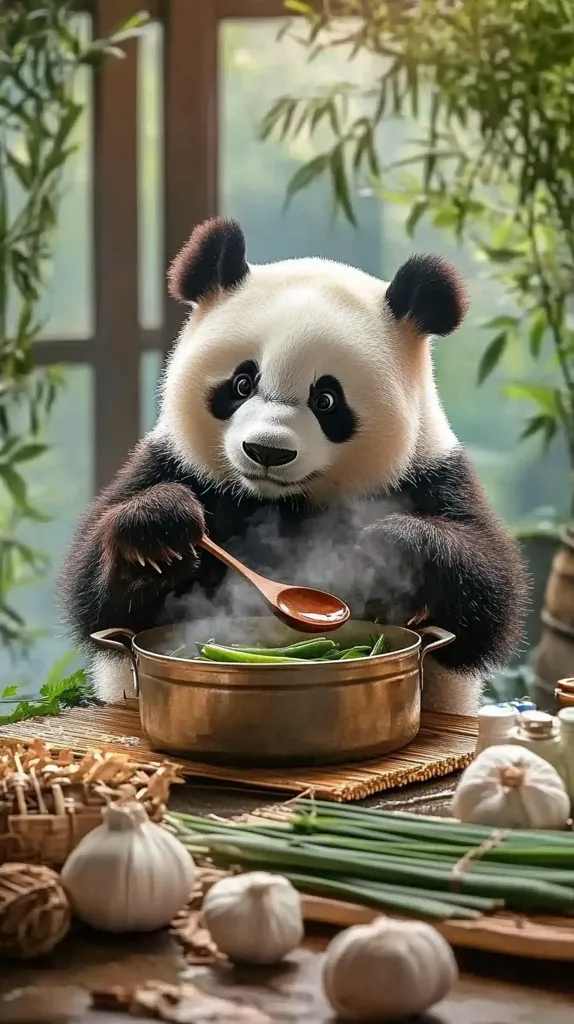 A charming panda is depicted in a heartwarming scene, meticulously stirring a pot of steaming green vegetables with a wooden spoon.  Surrounding the panda are various culinary ingredients, including garlic bulbs and bundles of scallions, suggesting a wholesome and delightful culinary experience. The setting is serene and natural, emphasizing the panda's gentle nature.