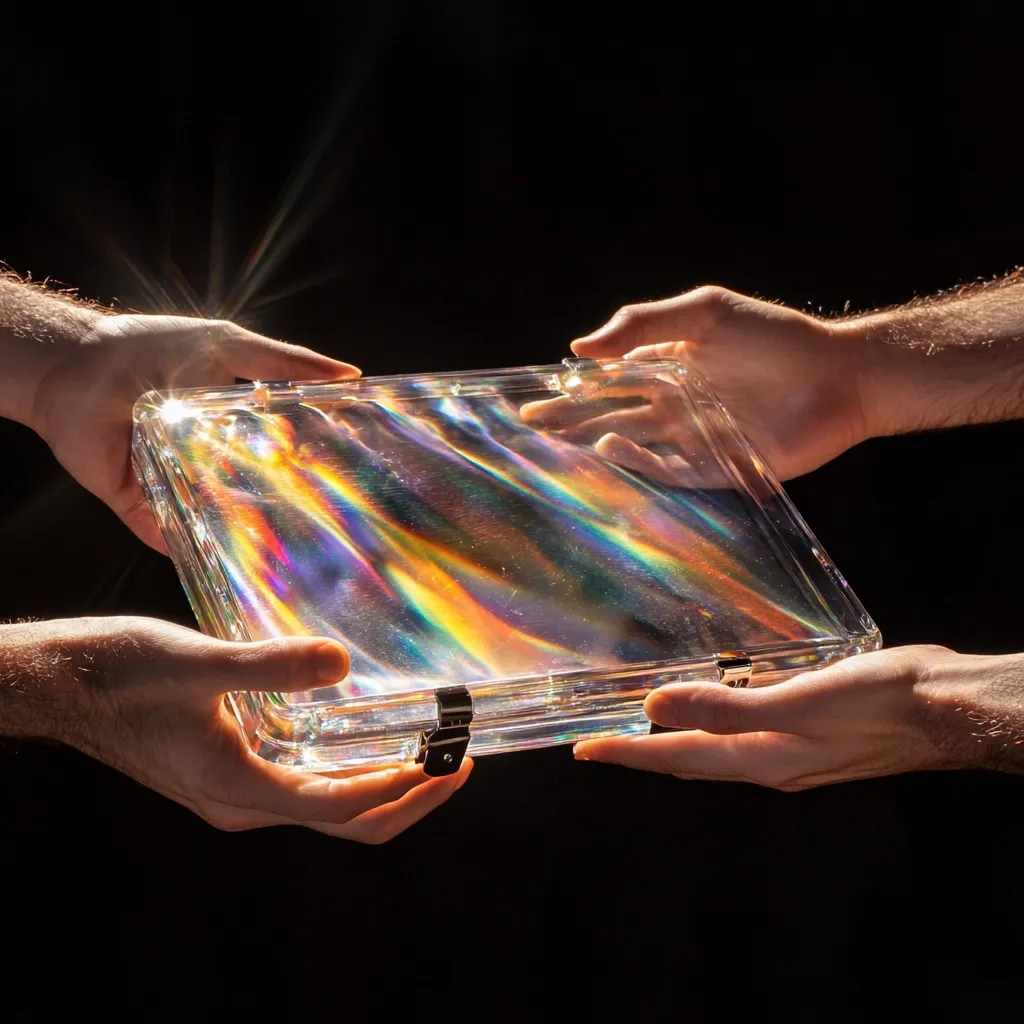 Two hands gently exchange a rectangular, transparent object.  The object's interior displays vibrant, iridescent rainbow colors, creating a striking contrast against the dark background.  The clear casing features metallic clasps, suggesting a container or display case.  The scene is dramatically lit, highlighting the object's luminescence and ethereal quality.